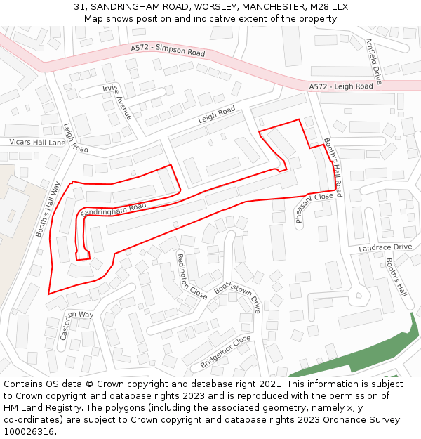 31, SANDRINGHAM ROAD, WORSLEY, MANCHESTER, M28 1LX: Location map and indicative extent of plot