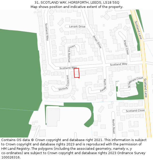 31, SCOTLAND WAY, HORSFORTH, LEEDS, LS18 5SQ: Location map and indicative extent of plot