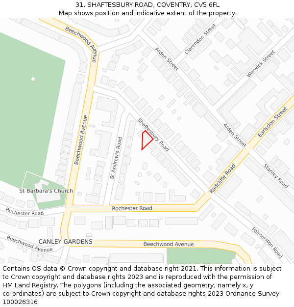 31, SHAFTESBURY ROAD, COVENTRY, CV5 6FL: Location map and indicative extent of plot