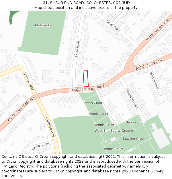 31, SHRUB END ROAD, COLCHESTER, CO3 3UD: Location map and indicative extent of plot