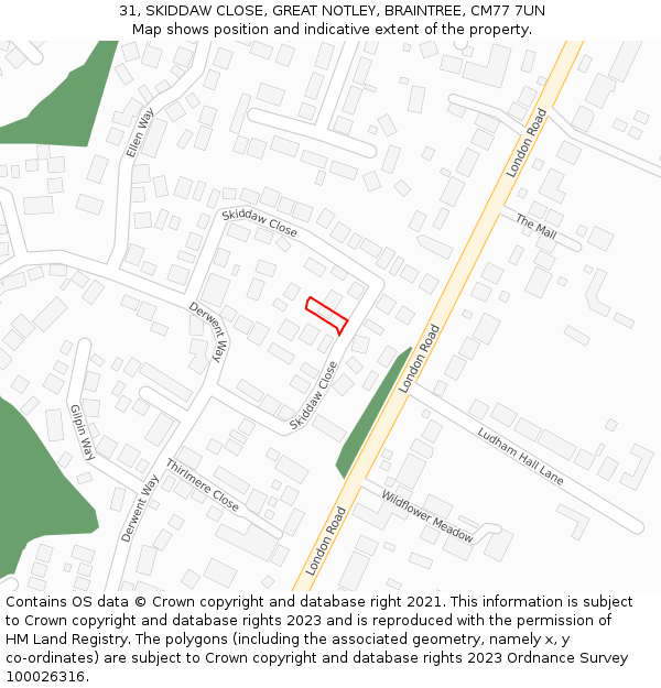 31, SKIDDAW CLOSE, GREAT NOTLEY, BRAINTREE, CM77 7UN: Location map and indicative extent of plot