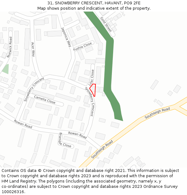 31, SNOWBERRY CRESCENT, HAVANT, PO9 2FE: Location map and indicative extent of plot