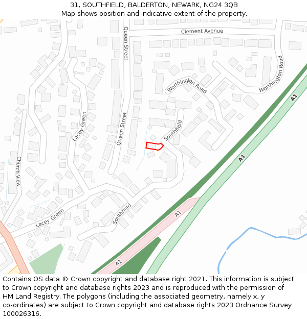 31, SOUTHFIELD, BALDERTON, NEWARK, NG24 3QB: Location map and indicative extent of plot