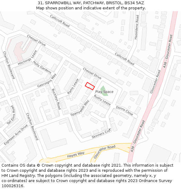 31, SPARROWBILL WAY, PATCHWAY, BRISTOL, BS34 5AZ: Location map and indicative extent of plot