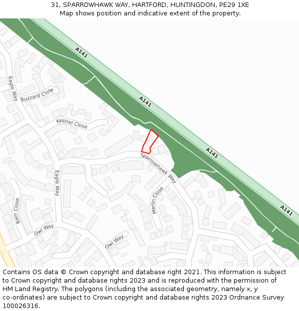 31, SPARROWHAWK WAY, HARTFORD, HUNTINGDON, PE29 1XE: Location map and indicative extent of plot