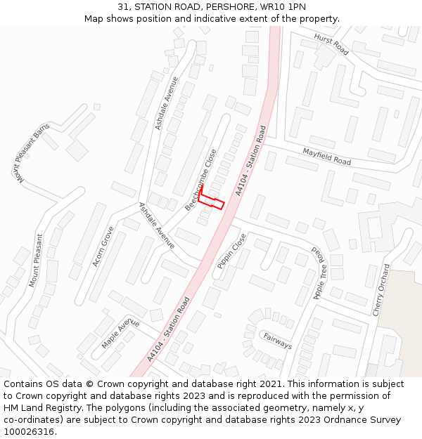31, STATION ROAD, PERSHORE, WR10 1PN: Location map and indicative extent of plot