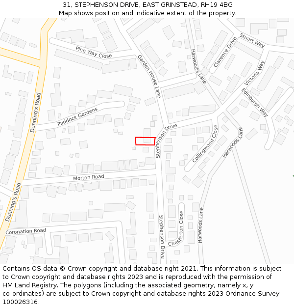 31, STEPHENSON DRIVE, EAST GRINSTEAD, RH19 4BG: Location map and indicative extent of plot