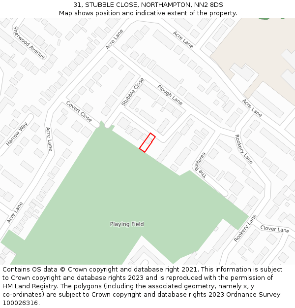 31, STUBBLE CLOSE, NORTHAMPTON, NN2 8DS: Location map and indicative extent of plot