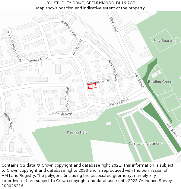 31, STUDLEY DRIVE, SPENNYMOOR, DL16 7GB: Location map and indicative extent of plot