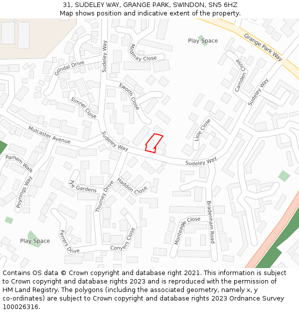 31, SUDELEY WAY, GRANGE PARK, SWINDON, SN5 6HZ: Location map and indicative extent of plot