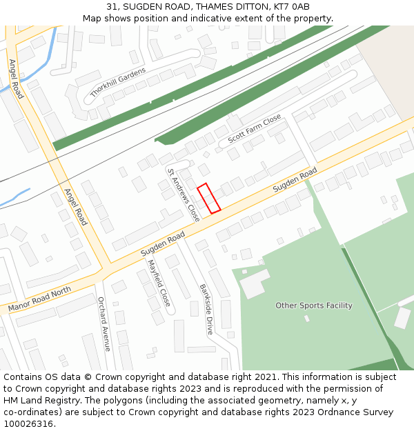 31, SUGDEN ROAD, THAMES DITTON, KT7 0AB: Location map and indicative extent of plot