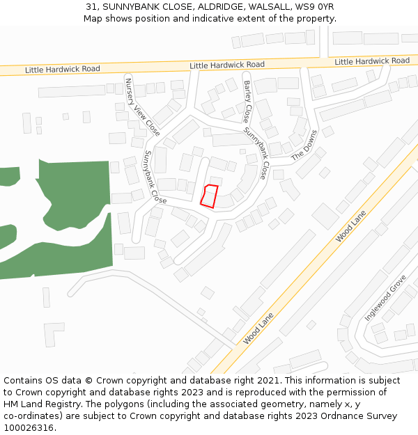 31, SUNNYBANK CLOSE, ALDRIDGE, WALSALL, WS9 0YR: Location map and indicative extent of plot