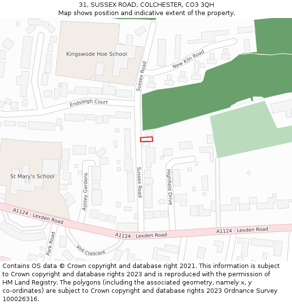 31, SUSSEX ROAD, COLCHESTER, CO3 3QH: Location map and indicative extent of plot