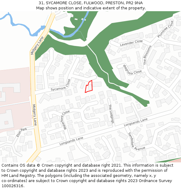 31, SYCAMORE CLOSE, FULWOOD, PRESTON, PR2 9NA: Location map and indicative extent of plot