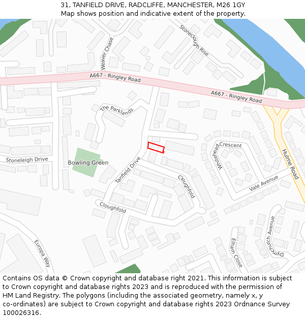 31, TANFIELD DRIVE, RADCLIFFE, MANCHESTER, M26 1GY: Location map and indicative extent of plot