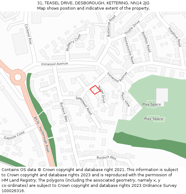 31, TEASEL DRIVE, DESBOROUGH, KETTERING, NN14 2JG: Location map and indicative extent of plot