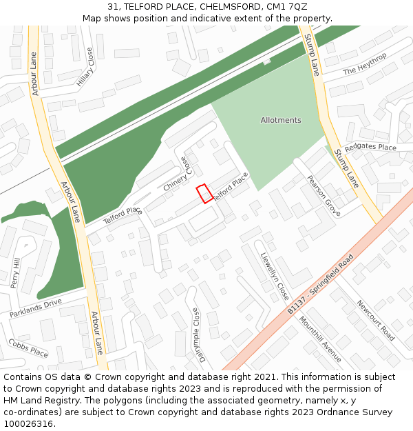 31, TELFORD PLACE, CHELMSFORD, CM1 7QZ: Location map and indicative extent of plot