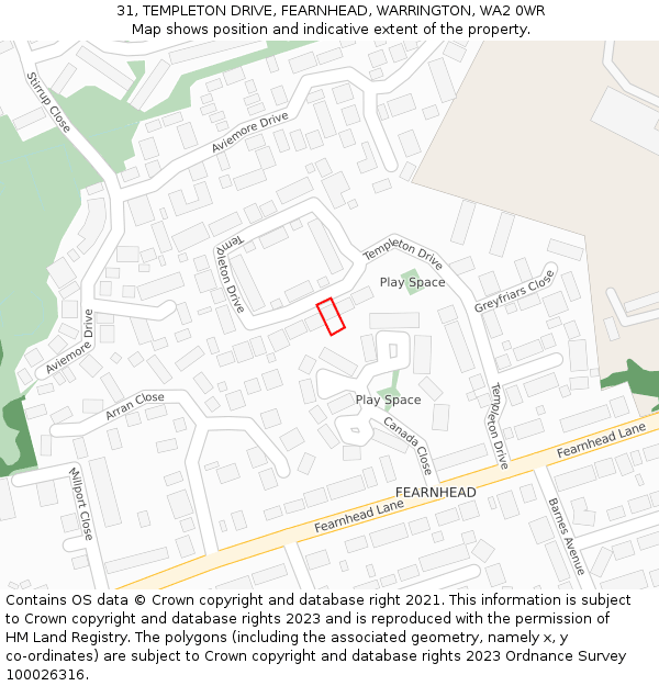 31, TEMPLETON DRIVE, FEARNHEAD, WARRINGTON, WA2 0WR: Location map and indicative extent of plot