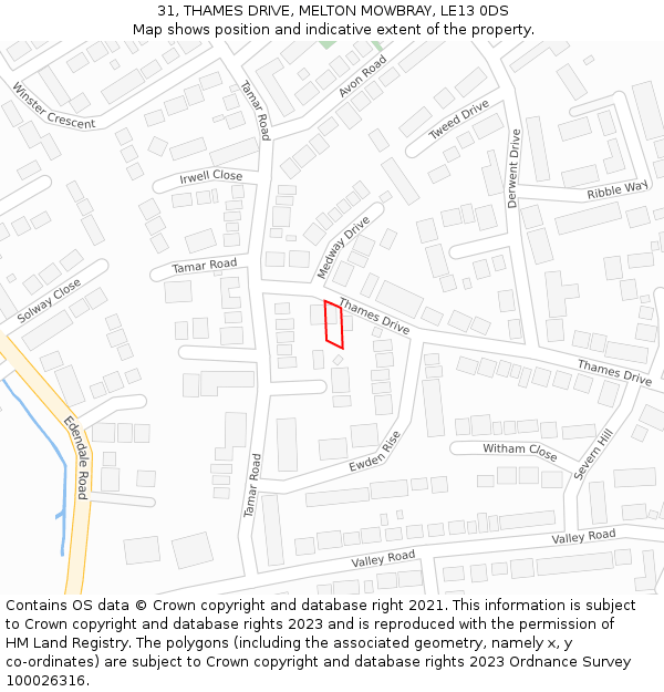 31, THAMES DRIVE, MELTON MOWBRAY, LE13 0DS: Location map and indicative extent of plot