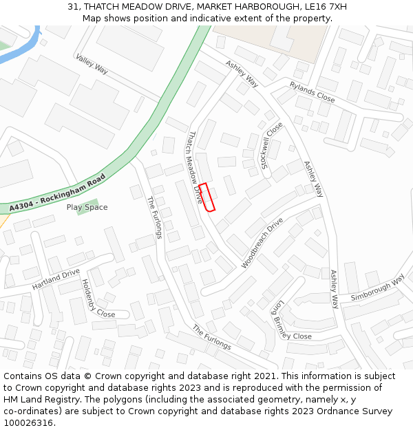 31, THATCH MEADOW DRIVE, MARKET HARBOROUGH, LE16 7XH: Location map and indicative extent of plot