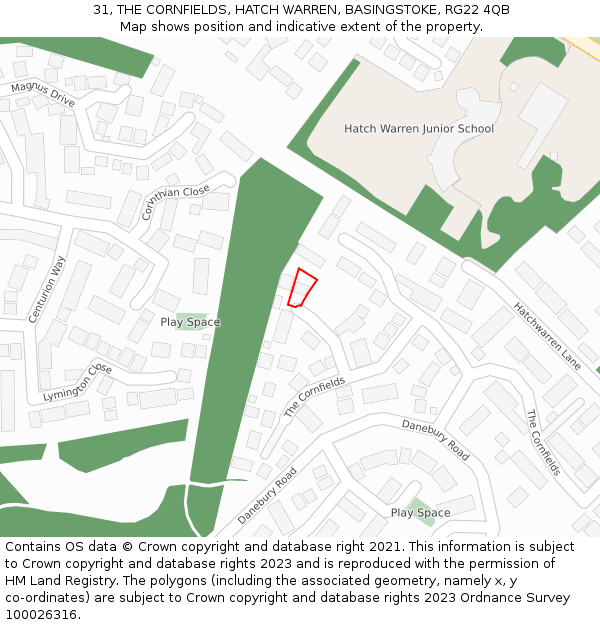 31, THE CORNFIELDS, HATCH WARREN, BASINGSTOKE, RG22 4QB: Location map and indicative extent of plot