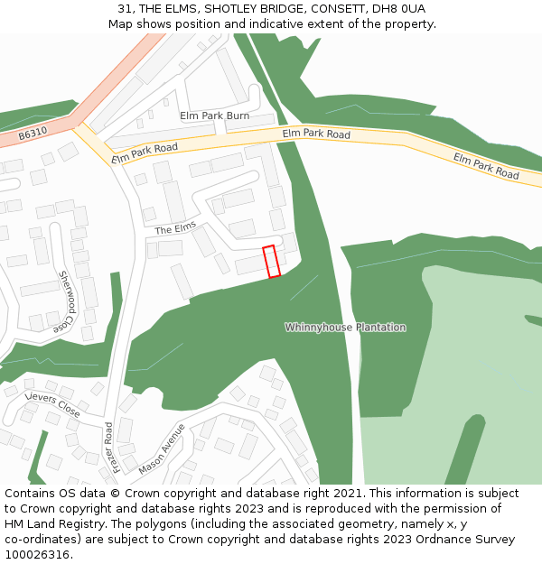 31, THE ELMS, SHOTLEY BRIDGE, CONSETT, DH8 0UA: Location map and indicative extent of plot