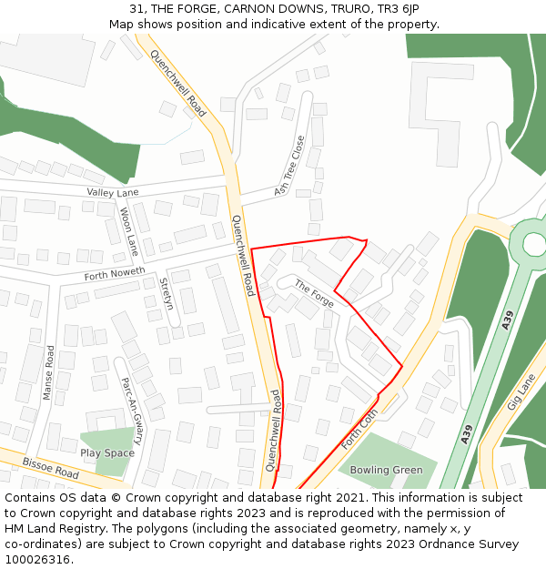31, THE FORGE, CARNON DOWNS, TRURO, TR3 6JP: Location map and indicative extent of plot