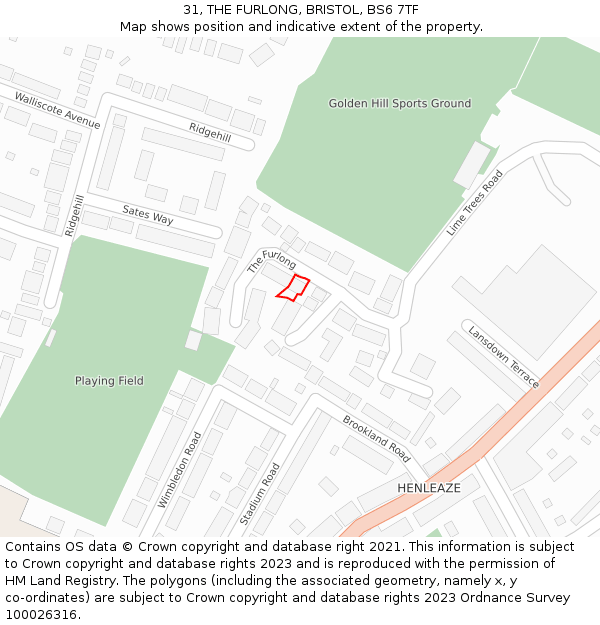 31, THE FURLONG, BRISTOL, BS6 7TF: Location map and indicative extent of plot