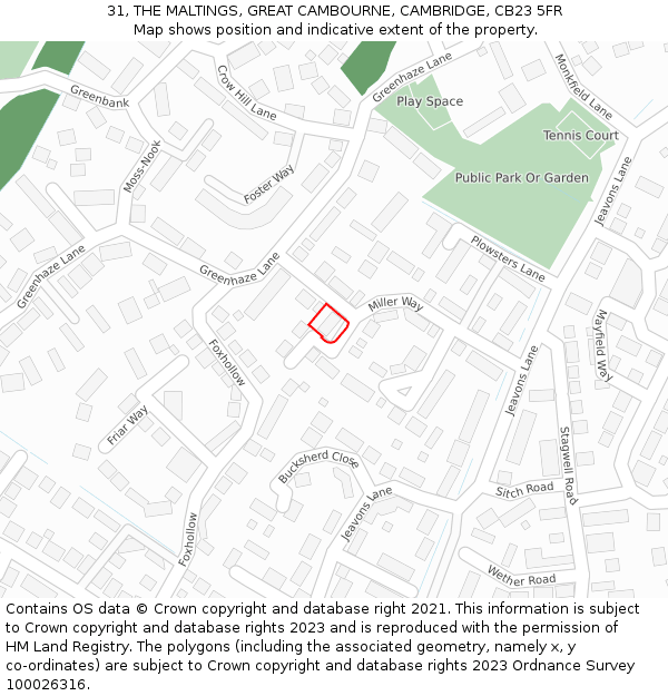 31, THE MALTINGS, GREAT CAMBOURNE, CAMBRIDGE, CB23 5FR: Location map and indicative extent of plot