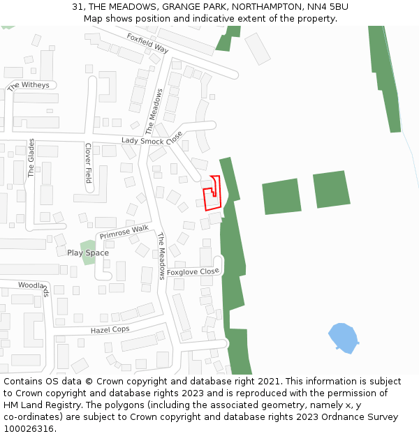 31, THE MEADOWS, GRANGE PARK, NORTHAMPTON, NN4 5BU: Location map and indicative extent of plot