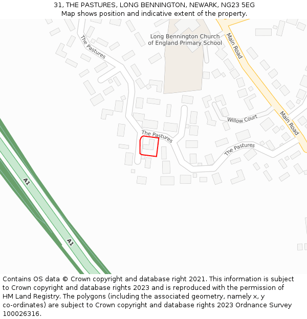 31, THE PASTURES, LONG BENNINGTON, NEWARK, NG23 5EG: Location map and indicative extent of plot