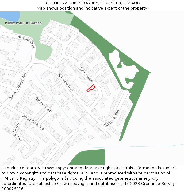 31, THE PASTURES, OADBY, LEICESTER, LE2 4QD: Location map and indicative extent of plot