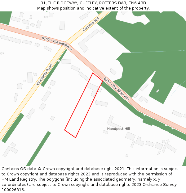 31, THE RIDGEWAY, CUFFLEY, POTTERS BAR, EN6 4BB: Location map and indicative extent of plot