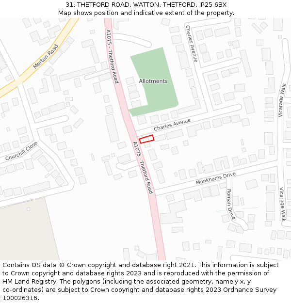 31, THETFORD ROAD, WATTON, THETFORD, IP25 6BX: Location map and indicative extent of plot