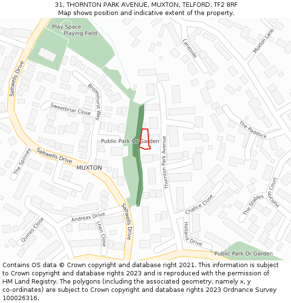 31, THORNTON PARK AVENUE, MUXTON, TELFORD, TF2 8RF: Location map and indicative extent of plot