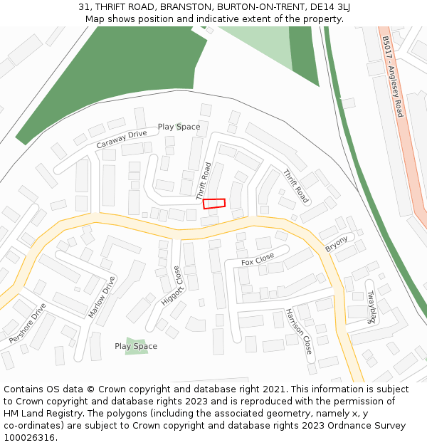 31, THRIFT ROAD, BRANSTON, BURTON-ON-TRENT, DE14 3LJ: Location map and indicative extent of plot