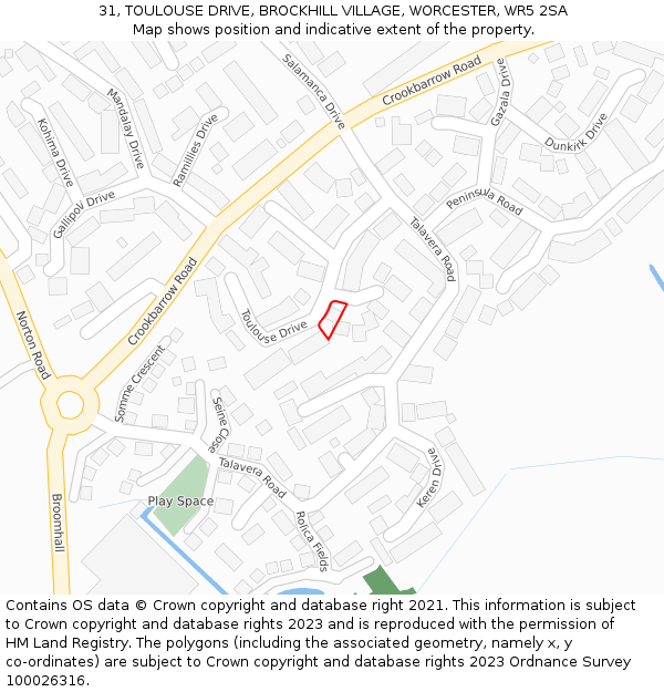 31, TOULOUSE DRIVE, BROCKHILL VILLAGE, WORCESTER, WR5 2SA: Location map and indicative extent of plot