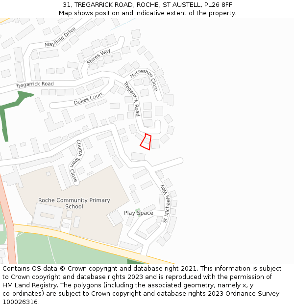 31, TREGARRICK ROAD, ROCHE, ST AUSTELL, PL26 8FF: Location map and indicative extent of plot