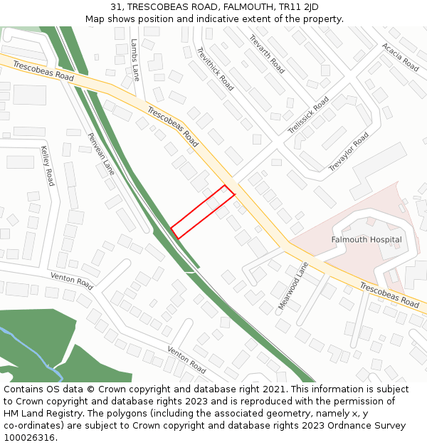 31, TRESCOBEAS ROAD, FALMOUTH, TR11 2JD: Location map and indicative extent of plot