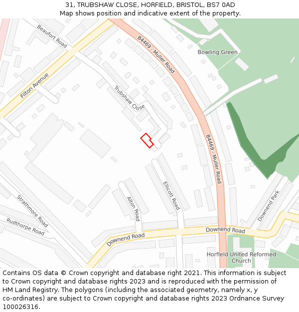 31, TRUBSHAW CLOSE, HORFIELD, BRISTOL, BS7 0AD: Location map and indicative extent of plot