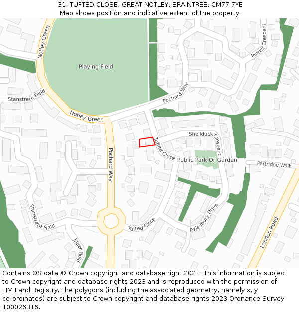 31, TUFTED CLOSE, GREAT NOTLEY, BRAINTREE, CM77 7YE: Location map and indicative extent of plot