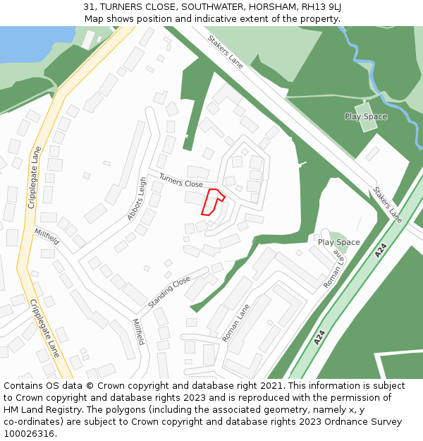 31, TURNERS CLOSE, SOUTHWATER, HORSHAM, RH13 9LJ: Location map and indicative extent of plot