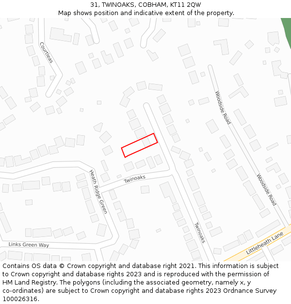 31, TWINOAKS, COBHAM, KT11 2QW: Location map and indicative extent of plot