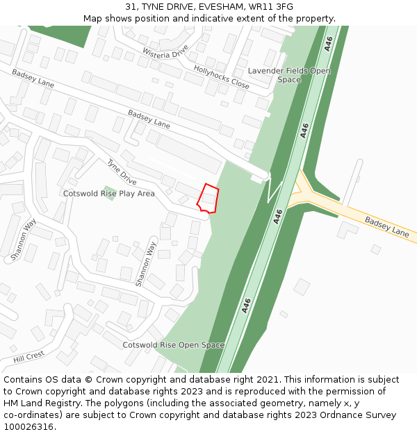 31, TYNE DRIVE, EVESHAM, WR11 3FG: Location map and indicative extent of plot