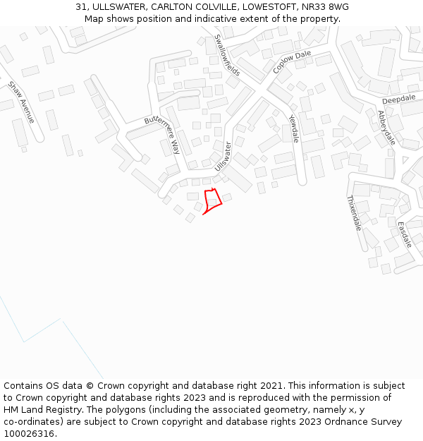 31, ULLSWATER, CARLTON COLVILLE, LOWESTOFT, NR33 8WG: Location map and indicative extent of plot