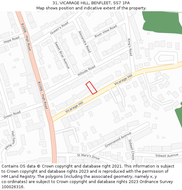 31, VICARAGE HILL, BENFLEET, SS7 1PA: Location map and indicative extent of plot