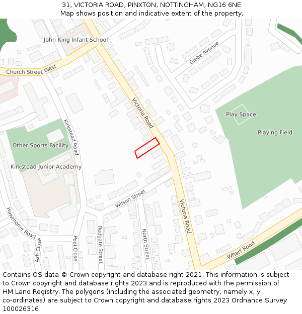 31, VICTORIA ROAD, PINXTON, NOTTINGHAM, NG16 6NE: Location map and indicative extent of plot