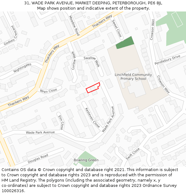 31, WADE PARK AVENUE, MARKET DEEPING, PETERBOROUGH, PE6 8JL: Location map and indicative extent of plot