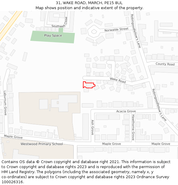 31, WAKE ROAD, MARCH, PE15 8UL: Location map and indicative extent of plot