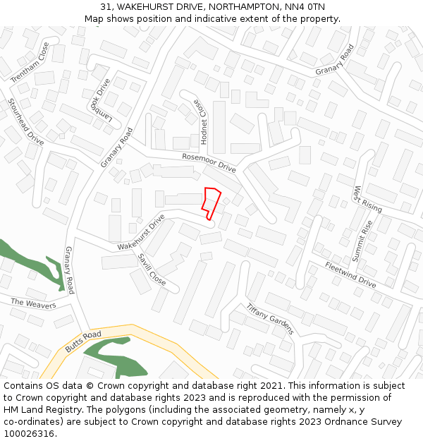 31, WAKEHURST DRIVE, NORTHAMPTON, NN4 0TN: Location map and indicative extent of plot